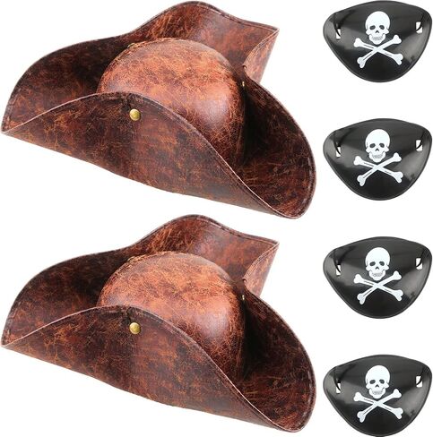 2 Pack Faux Leather Pirate Hat Brown Tricorn Hats with 4 Pack Pirate Eye Patch for Halloween Cosplay Pirate Theme Party Accessories in Saudi Arabia