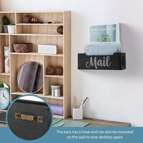 Mail Organizer,Mail Holder with 2 Slots,Mail Tray for Wall Table Countertop,Wood Desk Mail Basket,Black Envelope Holder for Home Office(Color:Black) in Kuwait