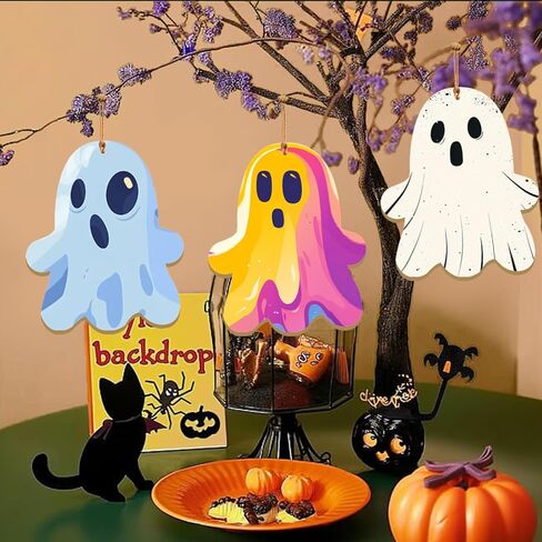 حجم كبير 7 "هالوين شرائح خشبية غير مكتملة الحلي الخشبية الفارغة DIY الحرف الخشبية لطلاء الديكور المعلق للحرف اليدوية حفلة عيد الشكر الخريف حفلة عيد الميلاد زينة معلقة (أشباح) in Kuwait