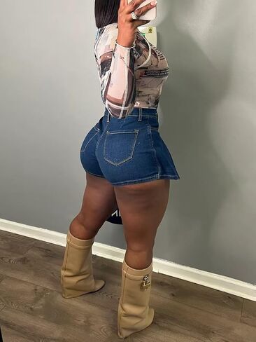 Womens Denim Jeans Skirt Shorts Mini Cargo High Waist Sexy Plus Size Pleated Skorts in Saudi Arabia