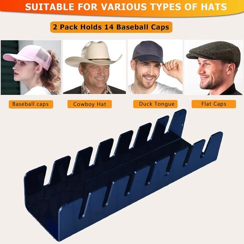 Hat Stand for Baseball Caps,Acrylic Hat Organizer Display,No-Installation Hat Hanger,Hat Storage for Baseball Caps, 2 Pcs for 14 Baseball Caps Display and Organizer for Bedroom,Closet,Office (Black) in Saudi Arabia