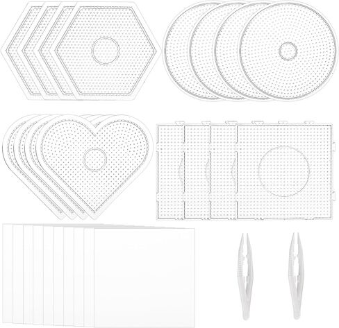 Suwimut 16 قطعة من ألواح خرز الصمامات 5 مم، لوحات خرز بلاستيكية شفافة كبيرة مع ملاقط خرز و10 ورق كي، مجموعة لوحات ربط خرز الصمامات للأطفال DIY خرز حرفي، 4 أشكال in Kuwait