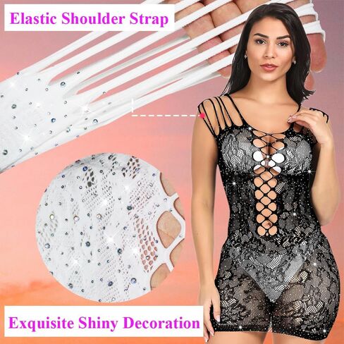 بدلة نسائية مثيرة بشبكة صيد السمك من حجر الراين سباركلي، ملابس داخلية شبكية بيضاء من شبكة صيد السمك، قميص بيبي دول in Kuwait