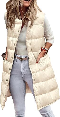 PRETTYGARDEN Women's Fall Long Puffer Vest Collared Sleeveless Button Down Warm Jackets Coat Casual Trendy Winter Outerwear in Saudi Arabia