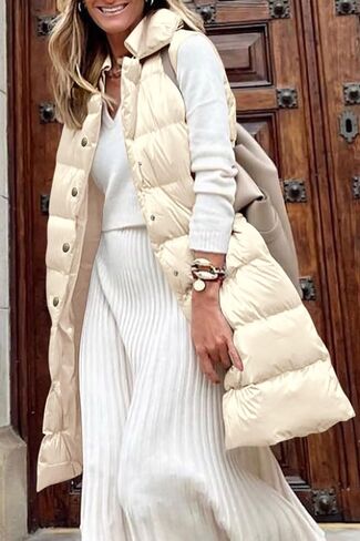 PRETTYGARDEN Women's Fall Long Puffer Vest Collared Sleeveless Button Down Warm Jackets Coat Casual Trendy Winter Outerwear in Saudi Arabia