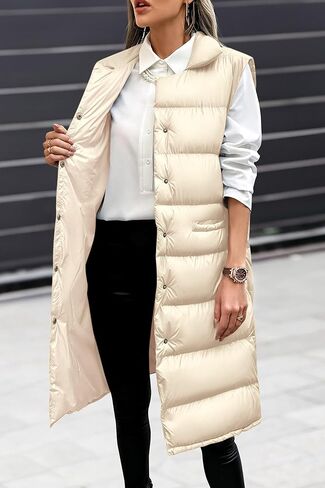 PRETTYGARDEN Women's Fall Long Puffer Vest Collared Sleeveless Button Down Warm Jackets Coat Casual Trendy Winter Outerwear in Saudi Arabia