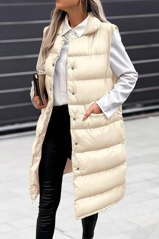 PRETTYGARDEN Women's Fall Long Puffer Vest Collared Sleeveless Button Down Warm Jackets Coat Casual Trendy Winter Outerwear in Saudi Arabia