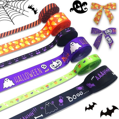 6 Rolls 30 Yards Halloween Ribbons, Happy Halloween Colorful Grosgrain Ribbons Orange Bat Pumpkin Ribbon Dot Trick or Treat Ghost Purple Ribbon for Gift Wrapping DIY Crafts Halloween Party Decor in Saudi Arabia