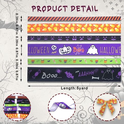 6 Rolls 30 Yards Halloween Ribbons, Happy Halloween Colorful Grosgrain Ribbons Orange Bat Pumpkin Ribbon Dot Trick or Treat Ghost Purple Ribbon for Gift Wrapping DIY Crafts Halloween Party Decor in Saudi Arabia