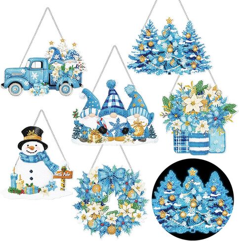 Chiisong 6 Pcs Winter Diamond Painting Glow in The Dark Diamond Art Painting Kits Snowman Truck Wreath Vase Gnome Xmas Tree Diamond Painting Hanging Ornaments for DIY Winter Holiday Decoration Gift in Saudi Arabia