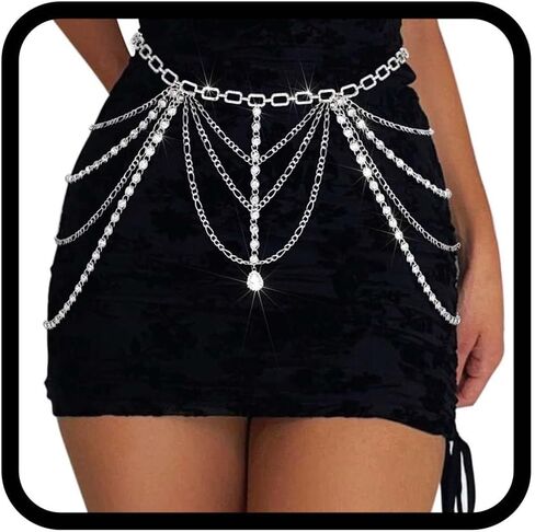 BODIY الفضة حجر الراين الخصر سلسلة مجوهرات حزام كريستال سلاسل البطن الطبقات سباركلي الخصر مجوهرات للنساء in Kuwait