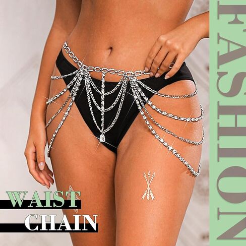 BODIY الفضة حجر الراين الخصر سلسلة مجوهرات حزام كريستال سلاسل البطن الطبقات سباركلي الخصر مجوهرات للنساء in Kuwait