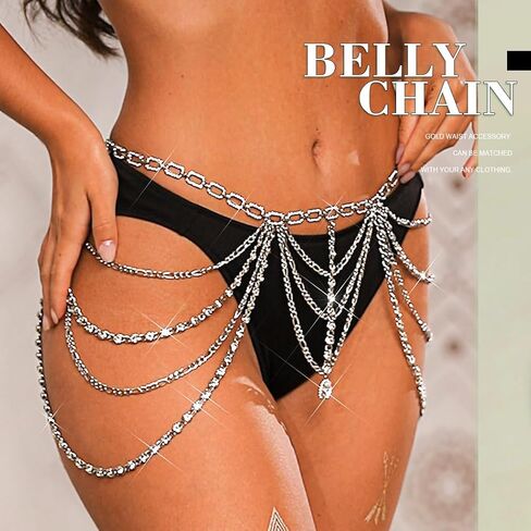BODIY الفضة حجر الراين الخصر سلسلة مجوهرات حزام كريستال سلاسل البطن الطبقات سباركلي الخصر مجوهرات للنساء in Kuwait