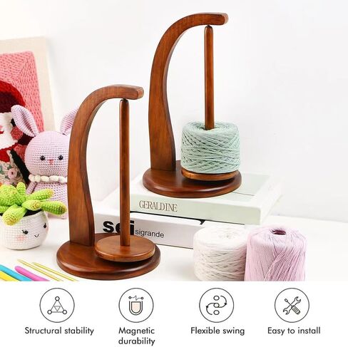Yarn Holder for Knitting and Crocheting, Wooden Yarn Spinner with Magnetic Metal Twirling Mechanism and Anti-Slip Pads, Yarn Spindle Dispenser, Gift for Knitting Crochet Lovers(Natural Wood) in Saudi Arabia