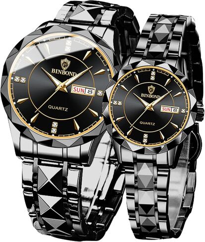 Valentines Couple Pair Watches Men and Women Luminous Calendar Waterproof Gold Silver Stainless Steel Quartz Watch Blue Face his and Hers Watches Set Lovers Set of 2 in Kuwait
