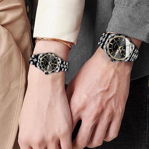 Valentines Couple Pair Watches Men and Women Luminous Calendar Waterproof Gold Silver Stainless Steel Quartz Watch Blue Face his and Hers Watches Set Lovers Set of 2 in Kuwait
