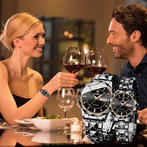 Valentines Couple Pair Watches Men and Women Luminous Calendar Waterproof Gold Silver Stainless Steel Quartz Watch Blue Face his and Hers Watches Set Lovers Set of 2 in Kuwait