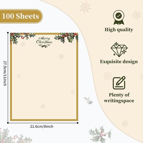 100 PCS Vintage Christmas Holly Letterhead Christmas Border Computer Paper Stationery Paper for Note Letters to Santa Holiday Printer Paper Invitations Office School 8.5 x 11 In in Saudi Arabia