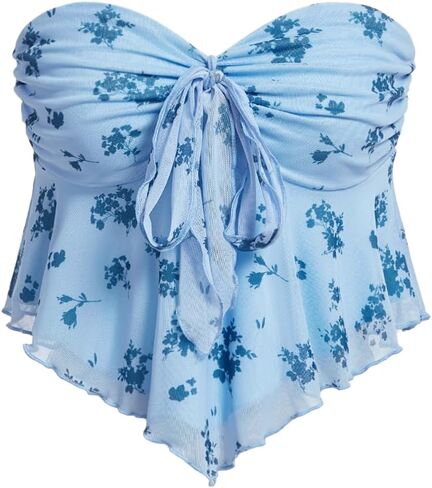 SHENHE Women's Floral Strapless Tie Front Lettuce Trim Asymmetrical Flare Boho Tube Top in Saudi Arabia