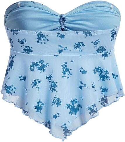 SHENHE Women's Floral Strapless Tie Front Lettuce Trim Asymmetrical Flare Boho Tube Top in Saudi Arabia