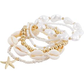 Shell Bracelet Boho Beaded Stretch Bracelets for Women Seashell Strand Bracelets Starfish Charm Bracelets Summer Beach Bracelets Stackable Gold Pearl Beads Bracelets for Women