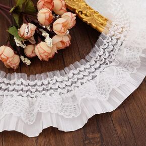 2 Yards Gorgeous Elastic Ruffle Trim 2-Layer Pleated Stretchy Edge Lace Ruffle Trim for Cuffs Skirt Halloween Garments 3-1/8" Wide (White)