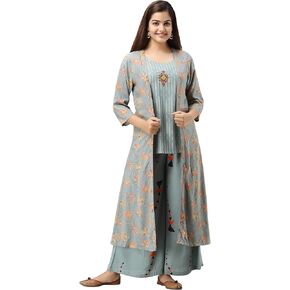 Women's Rayon Slub Embroidered Straight 3/4 Sleeve Round Neck Top Shrug Palazzo Set