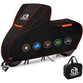 Motorcycle Cover | Heavy Duty PVC | Soft Inner Cotton | Waterproof Outdoor | All Season Universal | 4 Reflective Strips | 3 Windproof Straps | 1 Lock Hole | 1 Storage Bag | (Black, XL, 97")