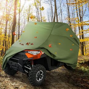 KEMIMOTO UTV Cover 2 Seater Army Green Waterproof Compatible with Ranger XP 1000 /Hisun Axis Coleman Polaris Can-Am Mule CFMOTO RZR UTV Covers 420D Waterproof Outdoor Heavy Duty Reflective Strip