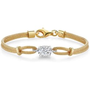18K Gold Plated 2 Tone Silver Personalized Customized White Lab Grown Diamond Bracelet For Women (Choose From Variety of Oval 8X6MM Gemstones and 6.5, 7, & 7.5 Inch Chain Lengths, Made In Italy)