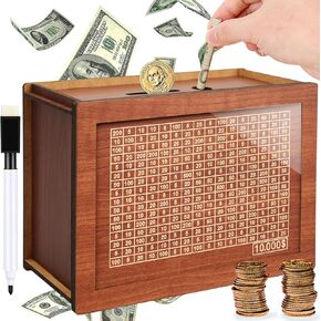 $10000 Cash Vault Wooden Savings Box,2024 New Wooden Savings Box with Money Target & Numbers,Retro Cash Saver Box, Reusable Coin Counter Piggy Bank