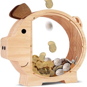 Piggy Bank for Kids Money Saving,Wooden Piggy Bank for Boys Girls,Unbreakable Piggy Bank with Letter Stickers,DIY Name Personalized Coin Bank for Children's Birthday Decor