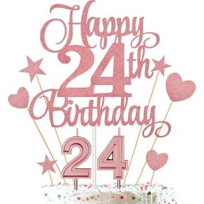 مجموعة زينة كعكة عيد الميلاد الرابع والعشرون تتضمن شموع عيد الميلاد الرابع والعشرين عدد 24 شمعة كعكة وأغطية كعكة عيد الميلاد الرابع والعشرين السعيد مع أعواد كب كيك على شكل نجمة قلب لحفلات أعياد الميلاد (سلسلة ذهبية وردية)