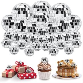 30 PCS Disco Balls Cake Decoration, Small Silver Reflective Mirror Ball Disco Table Decor 70s Disco Themed Party Supplies for Festive, 4 Sizes