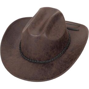 Men Women Classic-Western-Cowboy-Hat - PU Leather Wide Brim Cowgirl Fedora Hats with Braided Rope Band(Size:M)