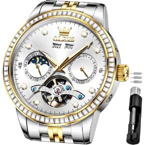 OLEVS Automatic Watches for Men Diamond Luxury Dress Tourbillion Moon Phase Two Tone Stainless Steel Luminous Waterproof Men Wrist Watch