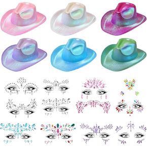 Haysandy 18 Pcs Holographic Space Cowgirl Hat with Face Jewels Rhinestones Neon Sparkly Cowboy Hat and Mermaid Face Gems for Women Men Costume Dress up Party Accessories