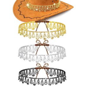 Tondiamo 3 Pcs Rhinestone Fringe Cowboy Hat Band Cowboy Hatband Adjustable Bling Rhinestone Hat Band for Women Men Western Cowgirl Party Halloween