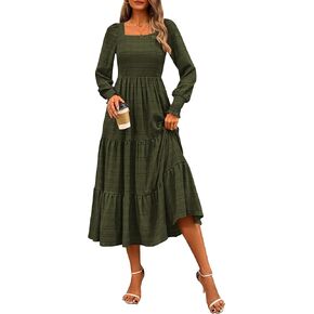 CFLONGE Women's Fall Dresses 2024 Puff Long Sleeve Square Neck Dress High Waist Smocked A-Line Flowy Wedding Party Maxi Dress