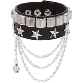 Leather Bracelet Grunge & Punk Rocker Bracelet Star Rivet Wristband Unisex PU Leather Punk Rivet with Metal Inlay & Chain