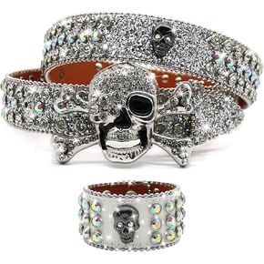 Skull Rhinestone Belt for Men Women Sequin Studded Skull Bracelets For Men, Leather Cuff Bracelet For Women
