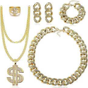 80s 90s Accessories Outfit for Women Hip Hop Costume Kit Dollar Sign Necklace & Rings Costume Gold Chain Necklace & Bracelet & Earrings Rapper Jewelry