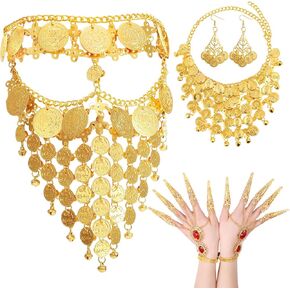 6 Pcs Belly Dancer Jewelry Set Gold Coins Veil Necklace Earrings and Bracelet with Finger Nails Gypsy Egyptian Belly Dancing Outfit for Women Halloween Dance Accessories