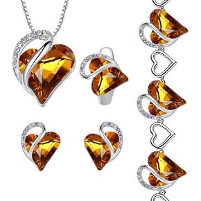 Leafael Infinity Love Heart Necklace, Stud Earrings, Bracelet, and Ring Set, November Birthstone Crystal Jewelry, Silver Tone Gifts for Women, Amber Brown