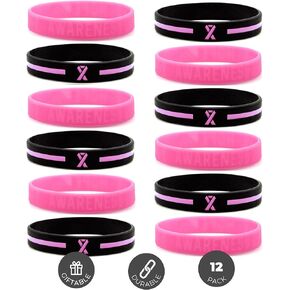 Inkstone (12-pack) Breast Cancer Awareness Pink Ribbon Bracelets - Wholesale Pack of 12 Silicone Wristbands to Symbolize Hope, Courage, Strength, and Support…