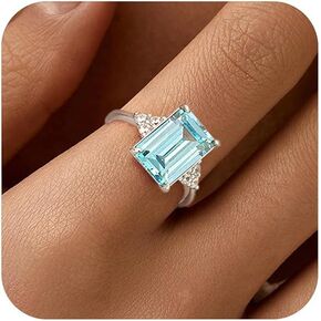 LOVECOM Sea Blue Topaz Engagement Ring 925 Sterling Silver Square Cut Aquamarine Ring March Birthstone Promise Ring for Her CZ Cubic Zirconia Wedding Ring Jewelry Birthday Gift for Mom