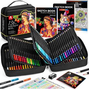 136 PCS Colored Pencils Set for Adult Coloring Books, 120 Colored Pencils with Sketchbook, Coloring Book, Sharpener, Soft Core Sketching Drawing Pencils, Art Supplies for Adults Artists (Black)