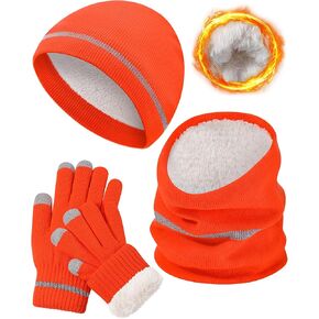 Shihanee 3 Pcs Men Hi Vis Thermal Beanie Hat Glove Neck Winter Warm Fleece Lined Reflective Stripes High Visibility Knit Cap
