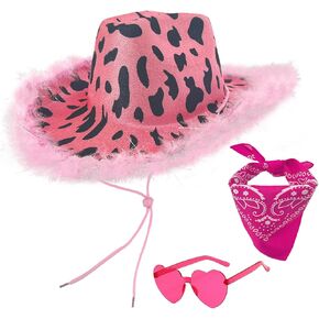 Cow Print Cowboy Hat with Feathers, Heart Sunglasses and Bandana for Women Western Party Cowgirl Costume Accessory