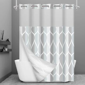 No Hook Grey Shower Curtain with Snap in Fabric Liner Set - Hotel Style with See Through Mesh Top Window, Modern Geometric Waterdrop Design,Water-Repellent & Washable, 71x74 INCH